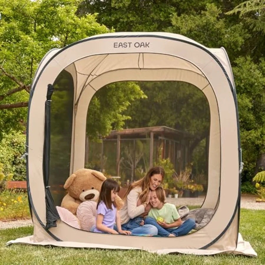 Screen House Tent Pop-Up for patio backyard deck outdoor activities, beige polyester mesh, instant setup, portable 6x6 FT with