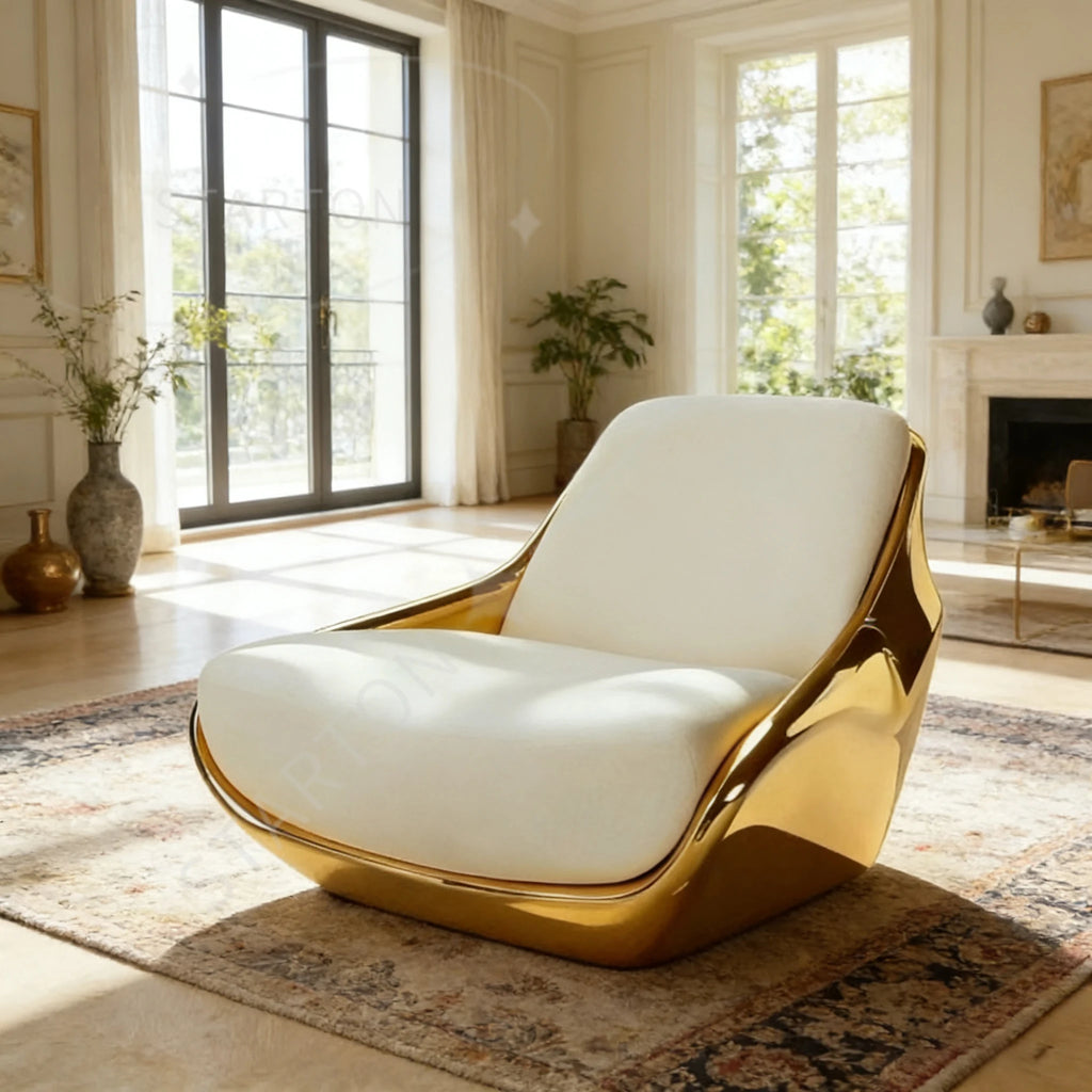 High-End Glamorous Accent Chair with Gold Fiberglass and White Upholstery for Upscale Home Interiors