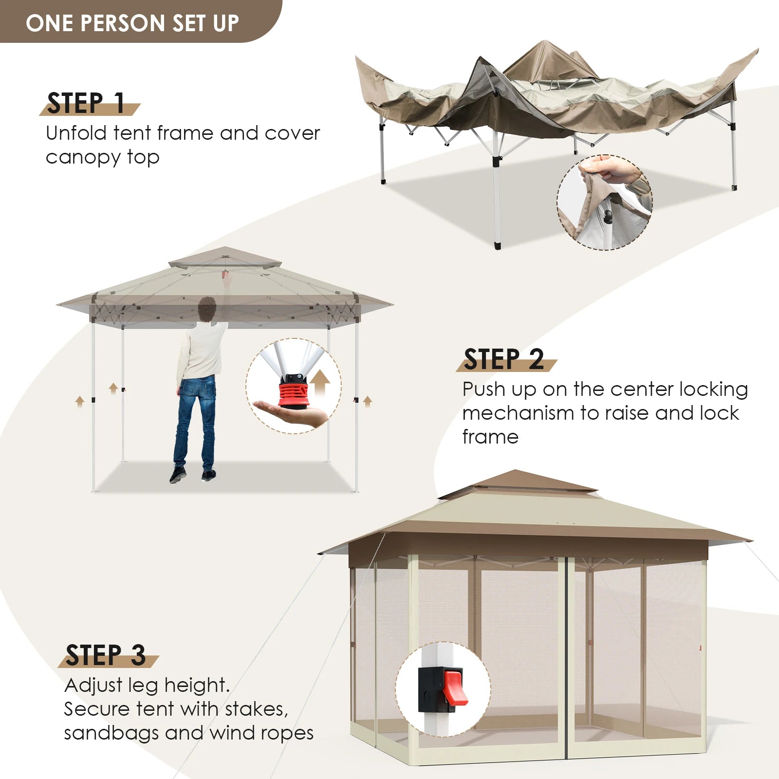 Gazebo 3.3x3.3m Waterproof Stable Pop Up Folding Gazebo, Adjustable Garden Gazebo with 4 Mosquito Net Side Panels & Double Roof
