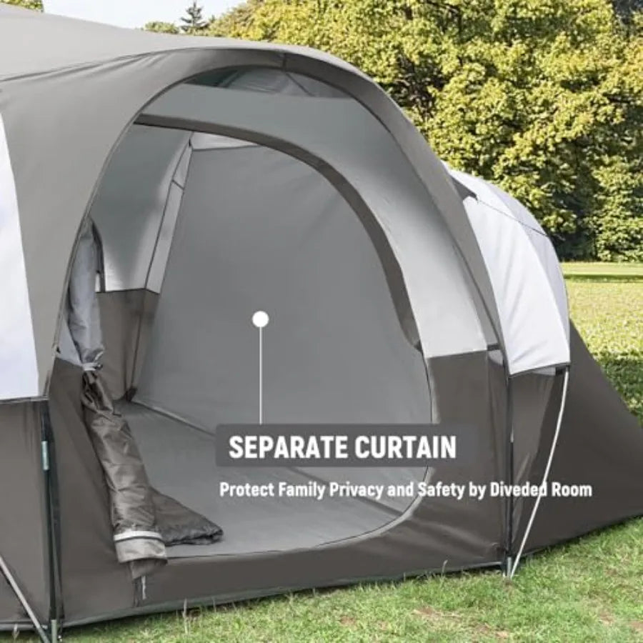10-person camping tent for family outdoor use, polyester windproof fabric, gray-green color, quick-setup dome design
