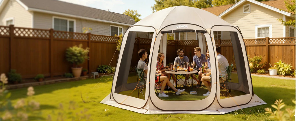 Pop-up Screen House Tent, 12 x 11 ft (approx. 3.7 x 3.4 m), screen gazebo for 10–12 people with extended awning, portable screened enclosure with carry bag and mesh walls, ideal for patios, backyards and outdoor activities