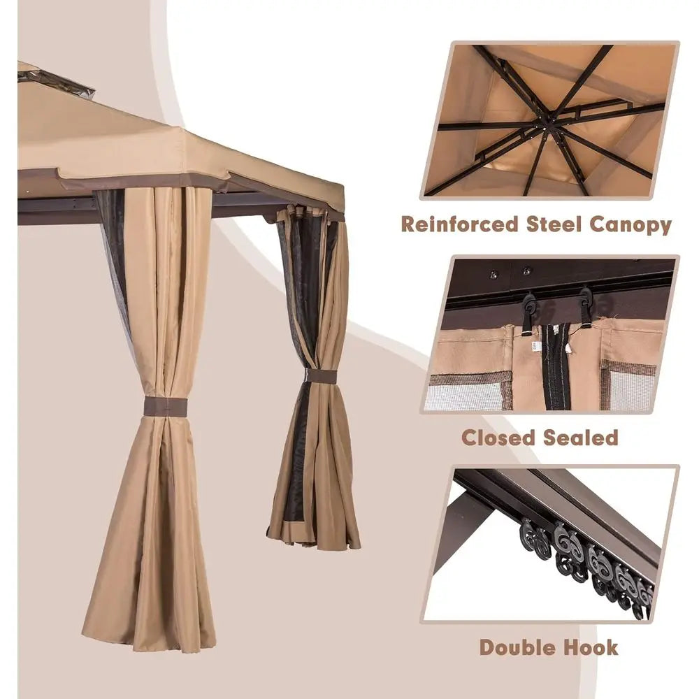 10x10 Outdoor Patio Gazebo with Mosquito Net and Double Top for Weddings and Events