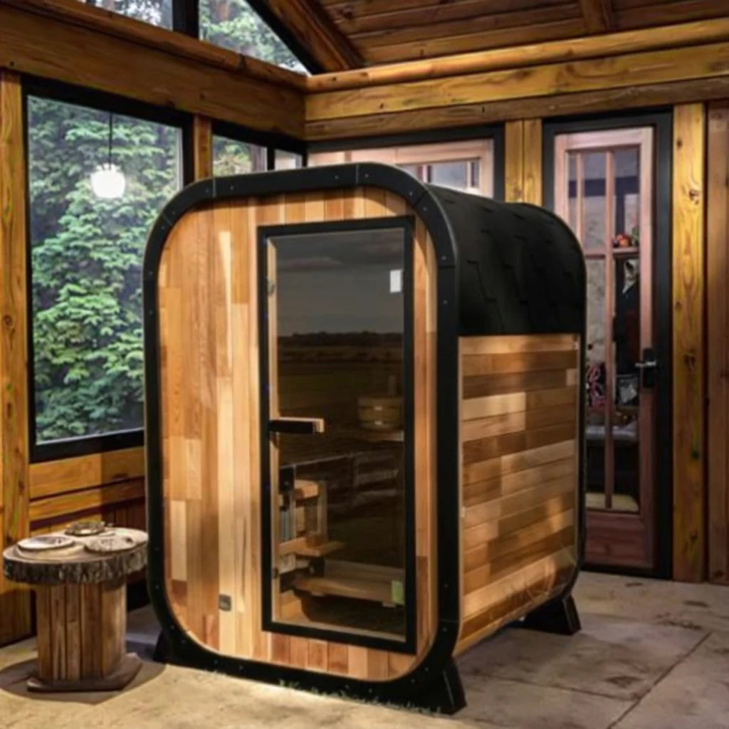 Cette salle de sauna extérieure peut accueillir 1 à 2 personnes, est en bois de sequoia, est imperméable et convient aux cours et aux villas.