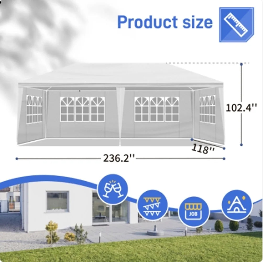Tente de réception blanche 10'x20' avec 6 parois latérales amovibles, en tissu PE et structure en fer, gazebo d'extérieur imperméable avec fenêtres pour mariages, événements en plein air, abri de patio, usage commercia