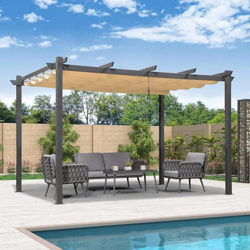 PURPLE LEAF 10' X 13' Outdoor Retractable Pergola with Sun Shade Canopy Patio Metal Shelter for Garden Porch Beach Pavilion