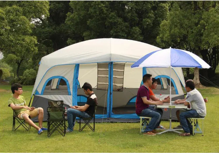 Outdoor Tent 2 Rooms Double Layer Family Camping Party 8-12 Persons Waterproof Windproof Top Rainfly Mesh Windows Portable Bag