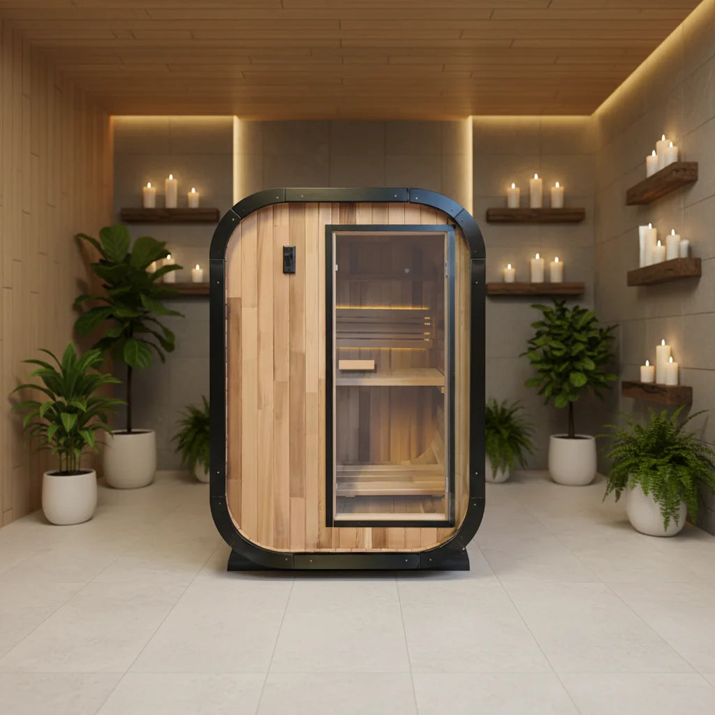 Cette salle de sauna extérieure peut accueillir 1 à 2 personnes, est en bois de sequoia, est imperméable et convient aux cours et aux villas.