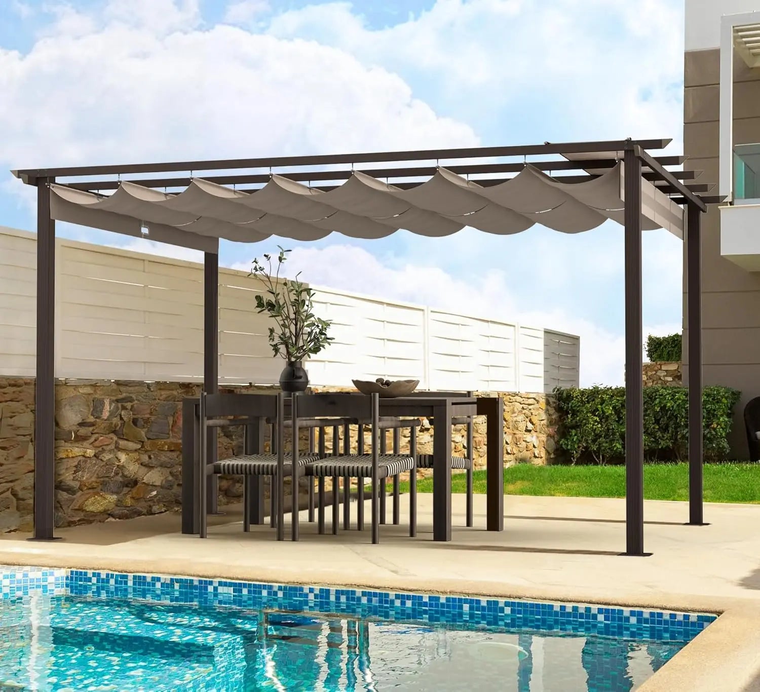 10' X 13' Outdoor Retractable Pergola Canopy for Deck, Backyard, Patio, Aluminum Pergola with Sun Canopy, Includes Ground Studs