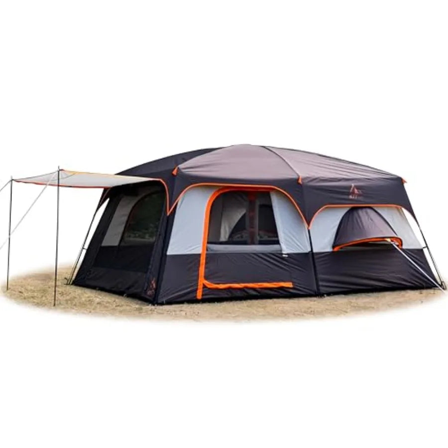 Extra Large Tent 12-14 Person, Family Cabin Tents, 2 Bay-Windows, 2 Rooms and 3 Doors 3 Windows with Mesh, Waterproof, Straight