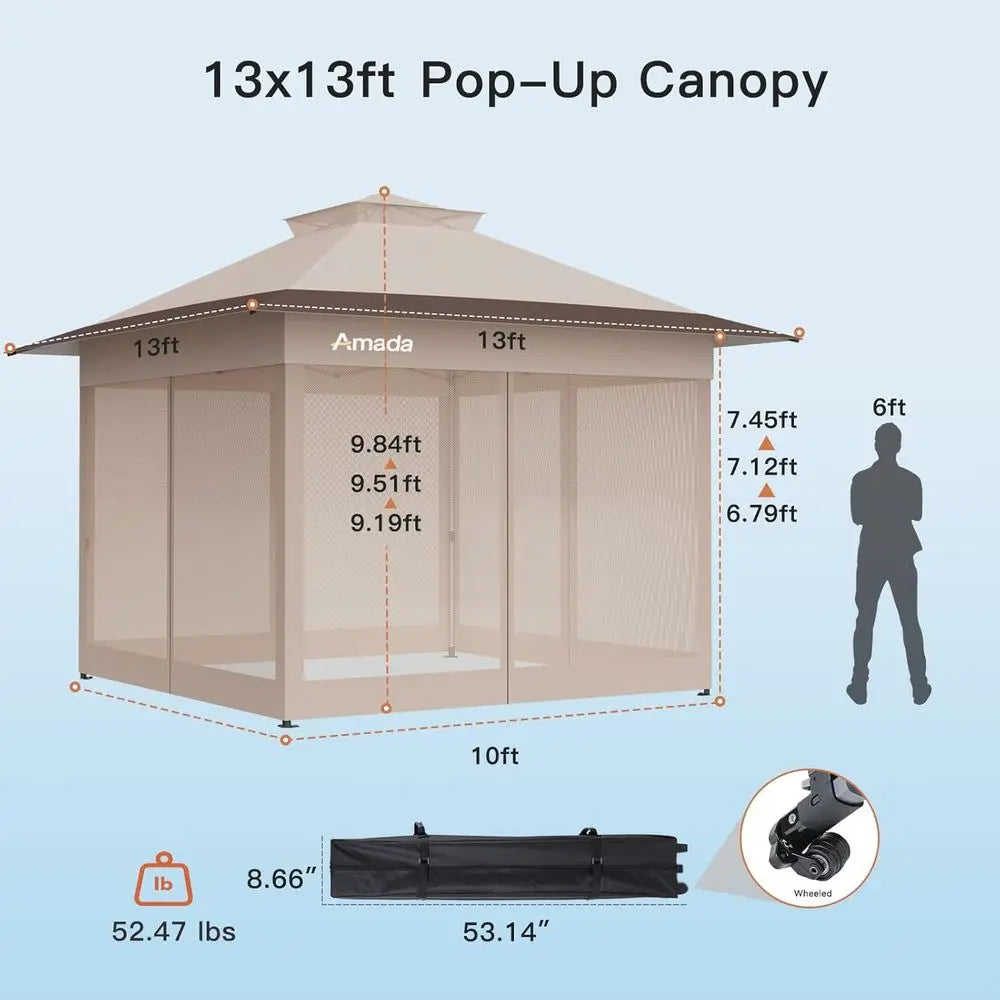 13x13 Outdoor Gazebos Clearance, Wheeled Cover Bag, Patio & Garden Shelter Tent, Khaki