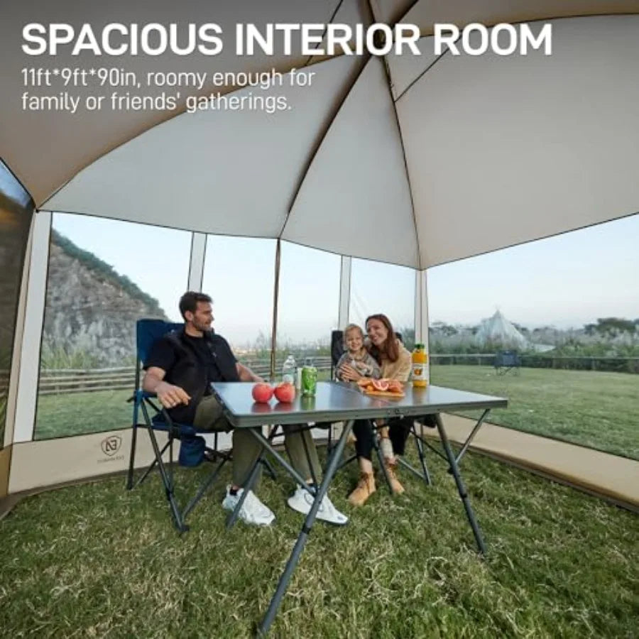 Magnetic Screen House Room 11x9ft for camping picnic, polyester mesh with silver coating, gray, hands-free entry and UV protect