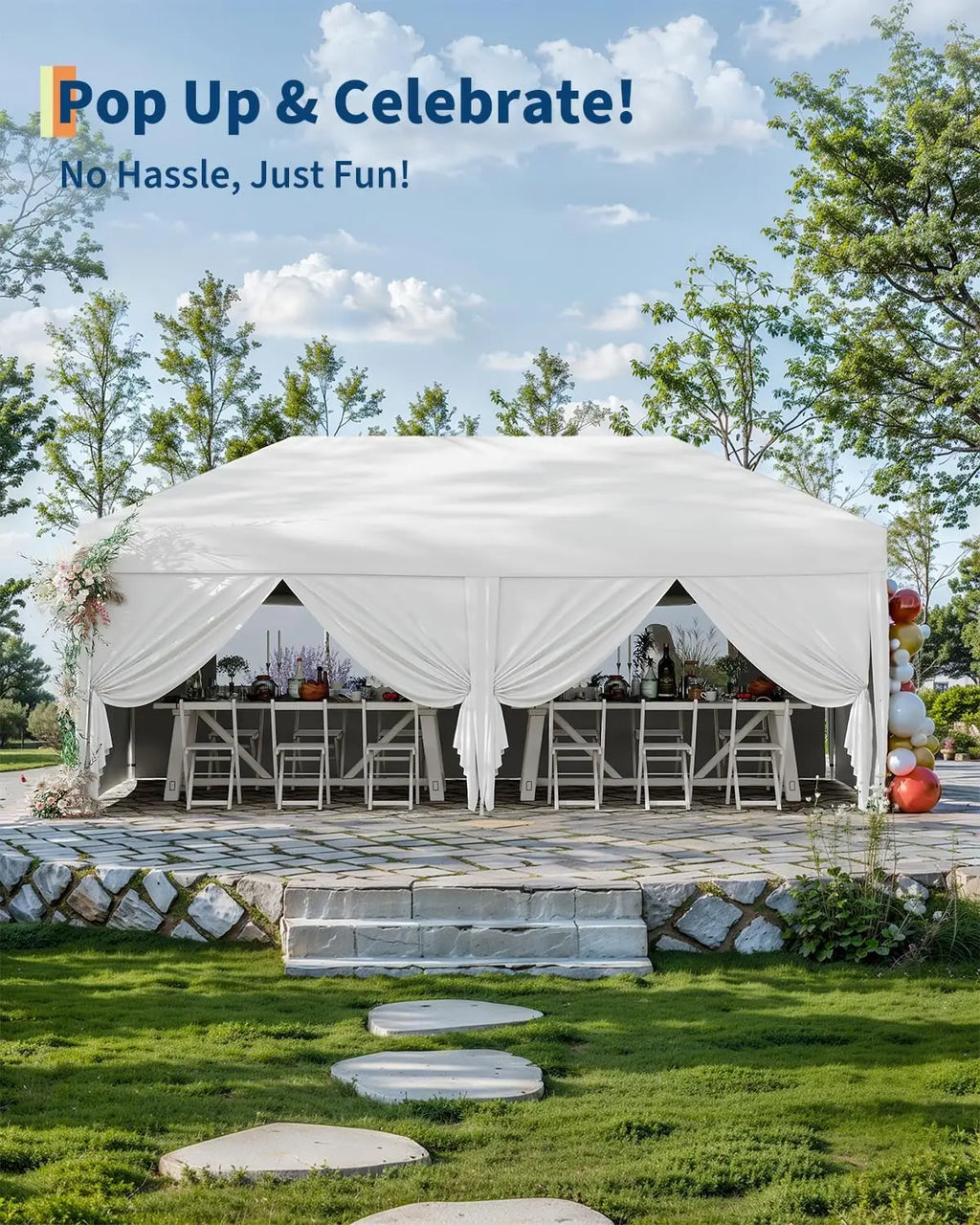 Tente de réception instantanée imperméable 10'x20' avec 6 parois latérales et 12 piquets |   Tente d'extérieur robuste pour événements, mariages, jardin, camping et marchés (Blanc)