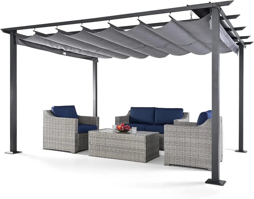 10' X 13' Outdoor Retractable Pergola Canopy for Deck, Backyard, Patio, Aluminum Pergola with Sun Canopy, Includes Ground Studs