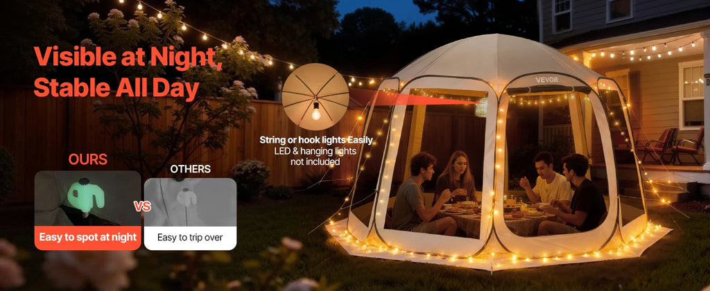 Pop-up Screen House Tent, 12 x 11 ft (approx. 3.7 x 3.4 m), screen gazebo for 10–12 people with extended awning, portable screened enclosure with carry bag and mesh walls, ideal for patios, backyards and outdoor activities