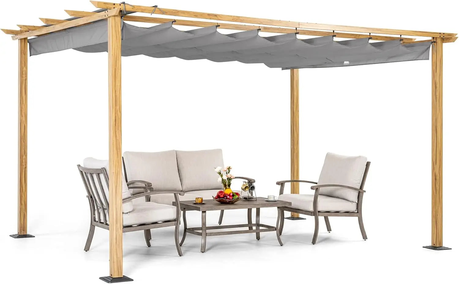 10' X 13' Outdoor Retractable Pergola Canopy for Deck, Backyard, Patio, Aluminum Pergola with Sun Canopy, Includes Ground Studs