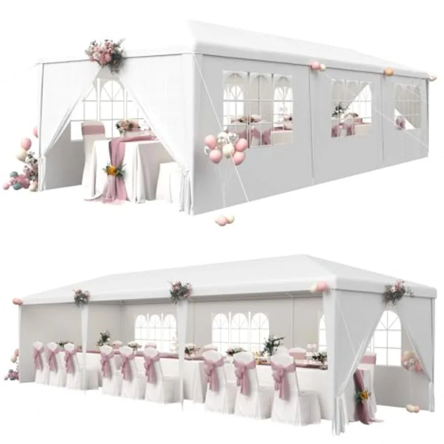 10x30 Party Tent with Sidewalls for Wedding, Party, Event Backyard Heavy Duty Waterproof PE Canopy, White, Steel Frame, 6 Remov