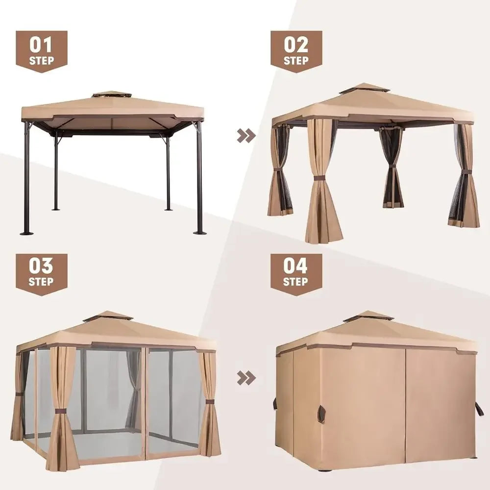 10x10 Outdoor Patio Gazebo with Mosquito Net and Double Top for Weddings and Events
