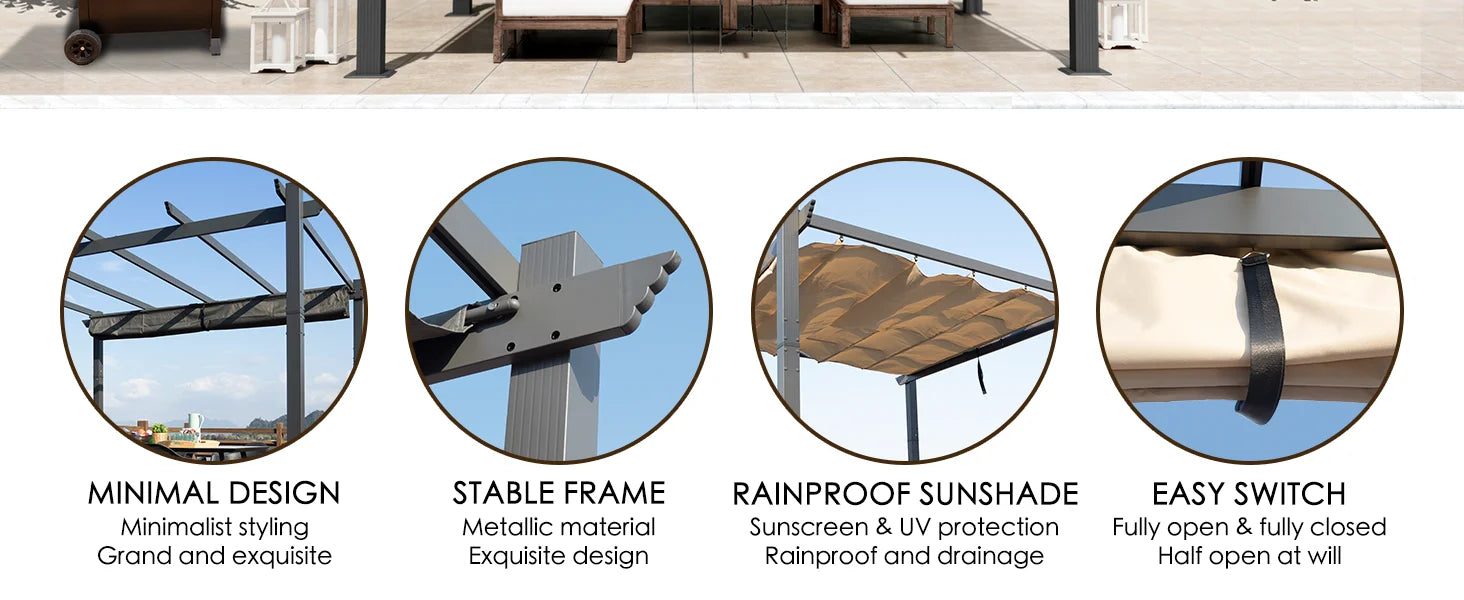 Morgan Outdoor Retractable Pergola with Sun Shade Canopy Patio Aluminum Pergola Shelter for Backyard Deck Garden Modern Metal G