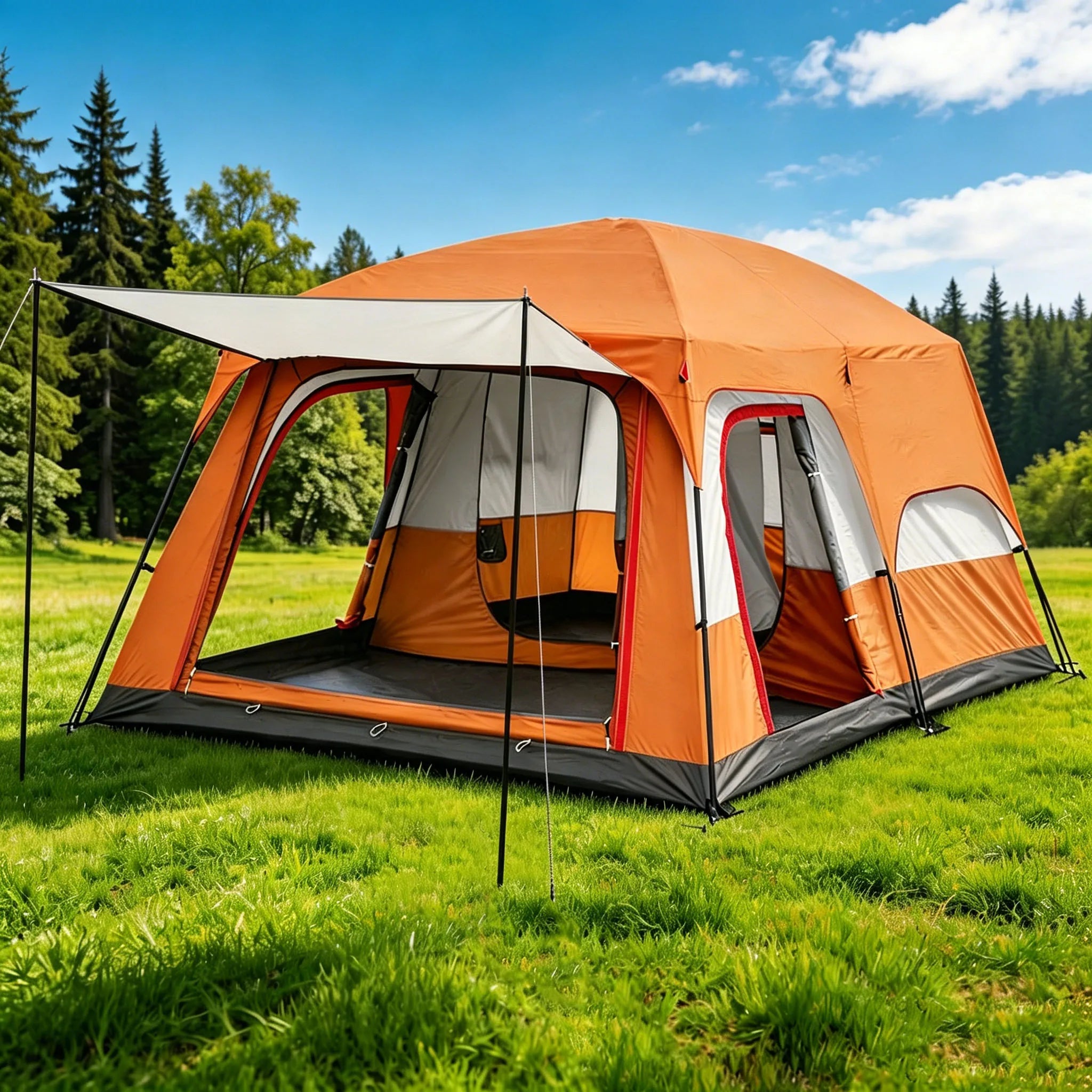 4/8/12-person outdoor family camping tent with a removable awning; spacious interior accommodates multiple people; multiple mesh windows provide ventilation and keep out mosquitoes; windproof, waterproof, and UV-resistant; su
