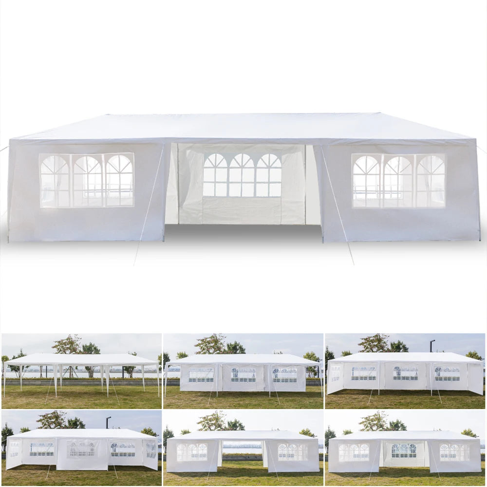Tente de réception blanche 10'x30' avec 7 parois latérales amovibles, en tissu PE et structure en fer, abri de jardin imperméable avec fenêtres pour mariages, événements en extérieur, patios, ou comme abri commercial.