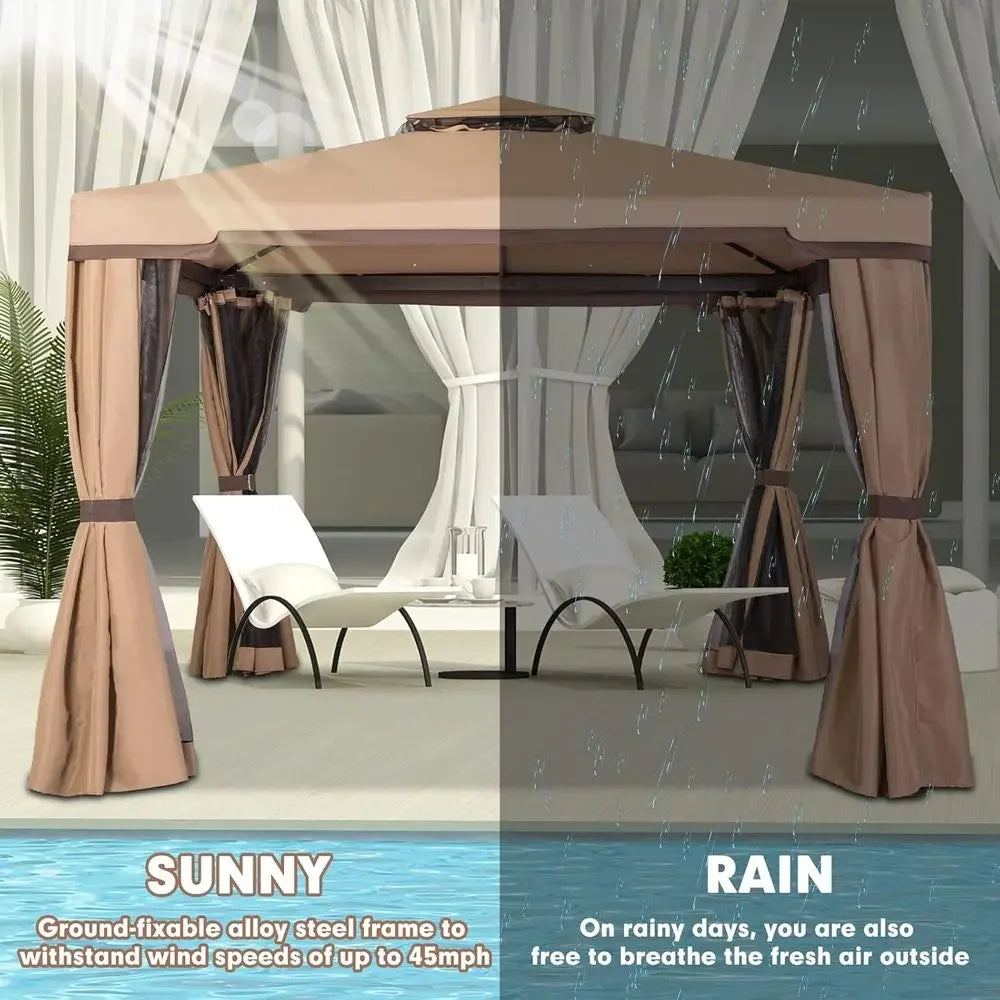 10x10 Outdoor Patio Gazebo with Mosquito Net and Double Top for Weddings and Events