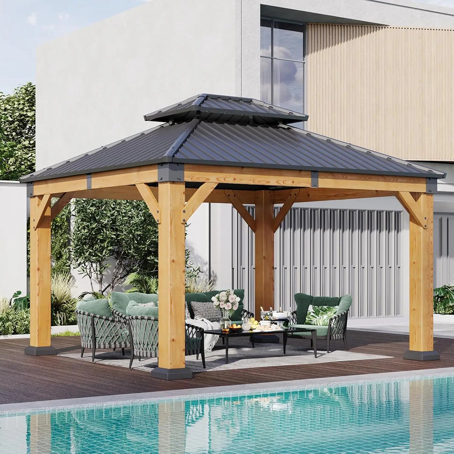 Gazebo en bois d'extérieur, toit rigide, pavillon permanent, acier galvanisé, double toit, patio, jardin, terrasse, cèdre naturel, sur mesure