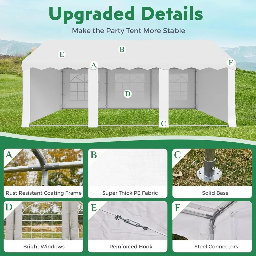 20X20FT Party Tent, White Outdoor Wedding Canopy with Removable Sidewalls and Church Windows, Heavy Duty Pavilion Shelter