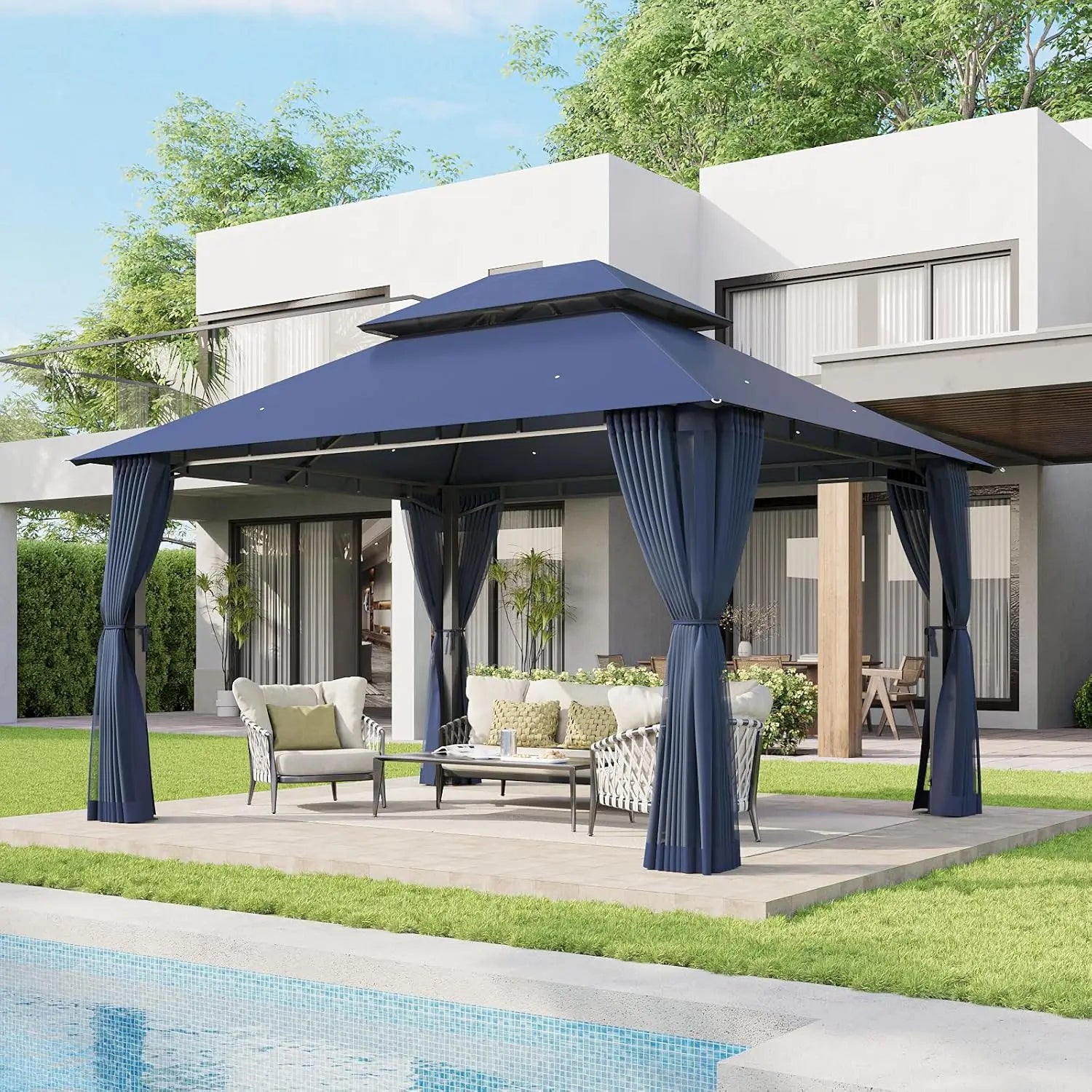 Customized Heavy-Duty Outdoor Gazebo with Double Roof, Mosquito Netting & Zipper Screens, Perfect for Party & Patio Use
