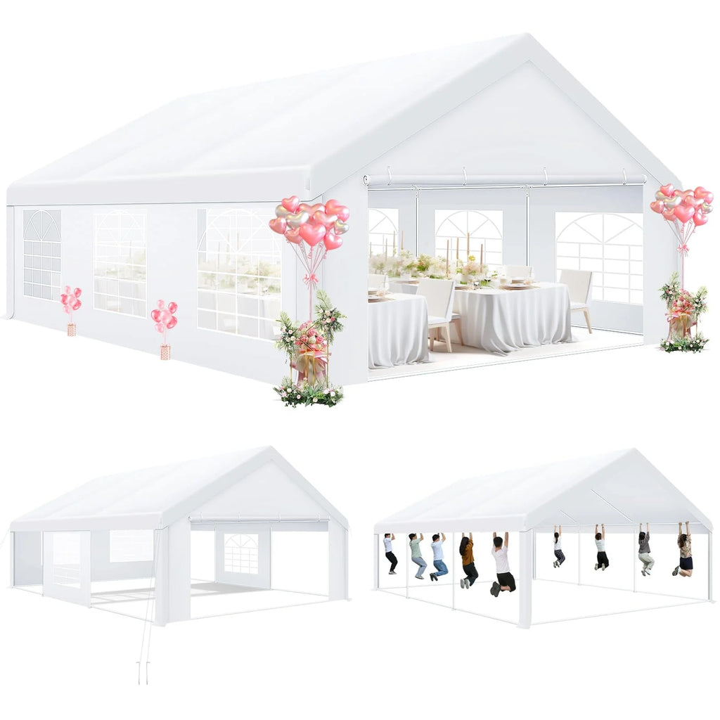 Tente de réception 20x20 pieds, robuste, avec auvent, abri de banquet, chapiteau, 4 parois latérales amovibles, 4 sacs de sable intégrés, grand gazebo commercial pour mariage, pavillon blanc imperméable anti-UV 50+