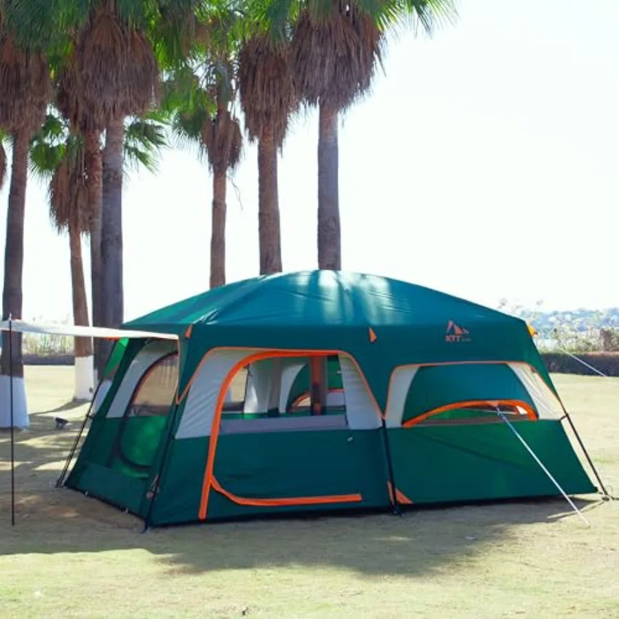 Extra Large Tent 12-14 Person, Family Cabin Tents, 2 Bay-Windows, 2 Rooms and 3 Doors 3 Windows with Mesh, Waterproof, Straight