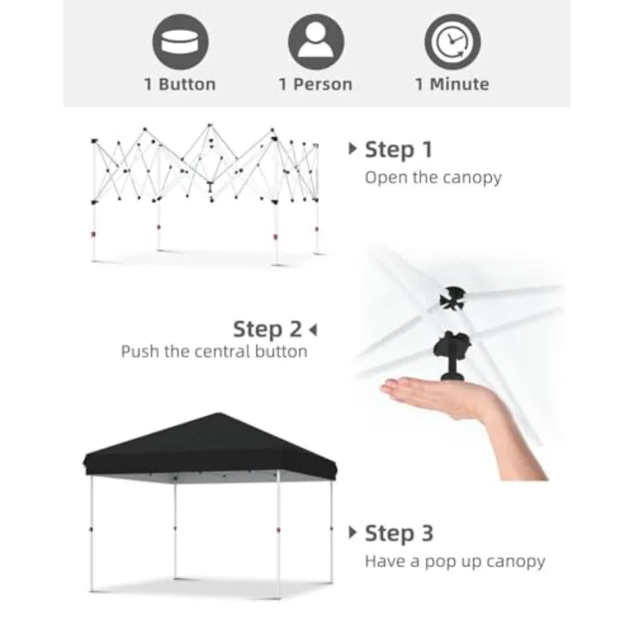 10x10 Pop Up Canopy with One Button Push Setup - Heavy Duty Outdoor Canopy Tent with Portable Roller Bag - 3 Adjustable Height,