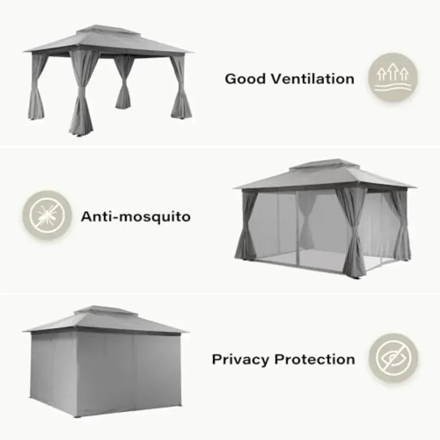 Gazebo 10x13ft Heavy Duty Patio Gazebo with Expansion Bolts Party  Tent with Double Roofs Mosquito Nettings and Privacy Sns for