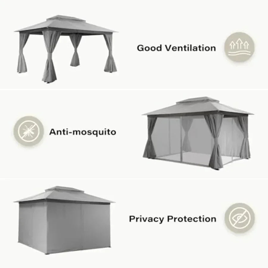 Gazebo 10x13ft Heavy Duty Patio Gazebo with Expansion Bolts Party  Tent with Double Roofs Mosquito Nettings and Privacy Sns for