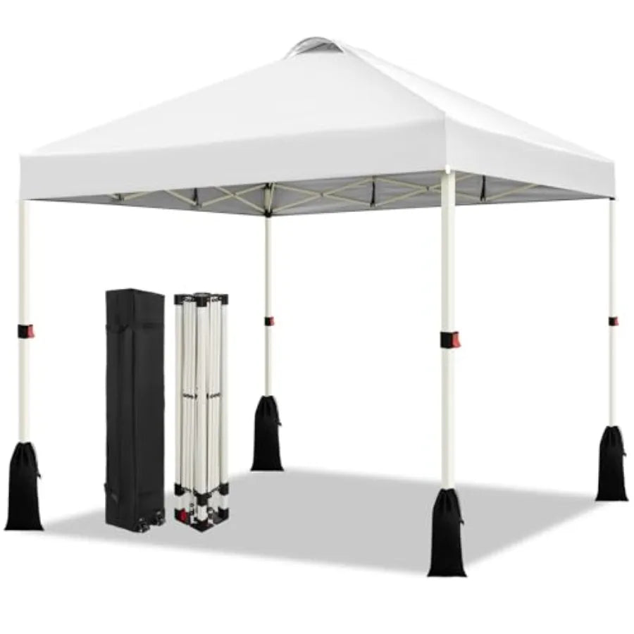 Outdoor event canopy tent: white polyester, 10x10 ft, 1-button push setup, adjustable height, portable roller bag 4 weight bags