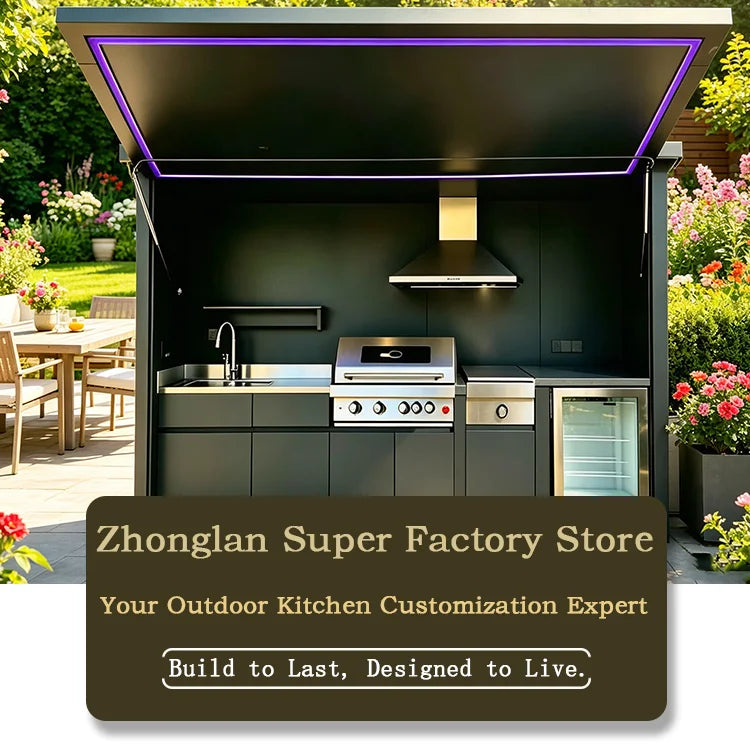 All-in-One Complete Custom Outdoor Kitchen, Premium Fully Equipped, Anti Wind Rain Snow for Residential Outdoor Use