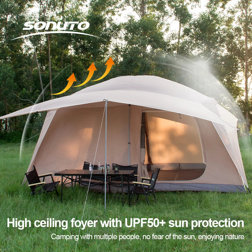 2025 8-12 P Family Camping Tent Extra Large Waterproof Windproof 2 Room Tent with Sun Protection Carry Bag Easy Setup Outdoor