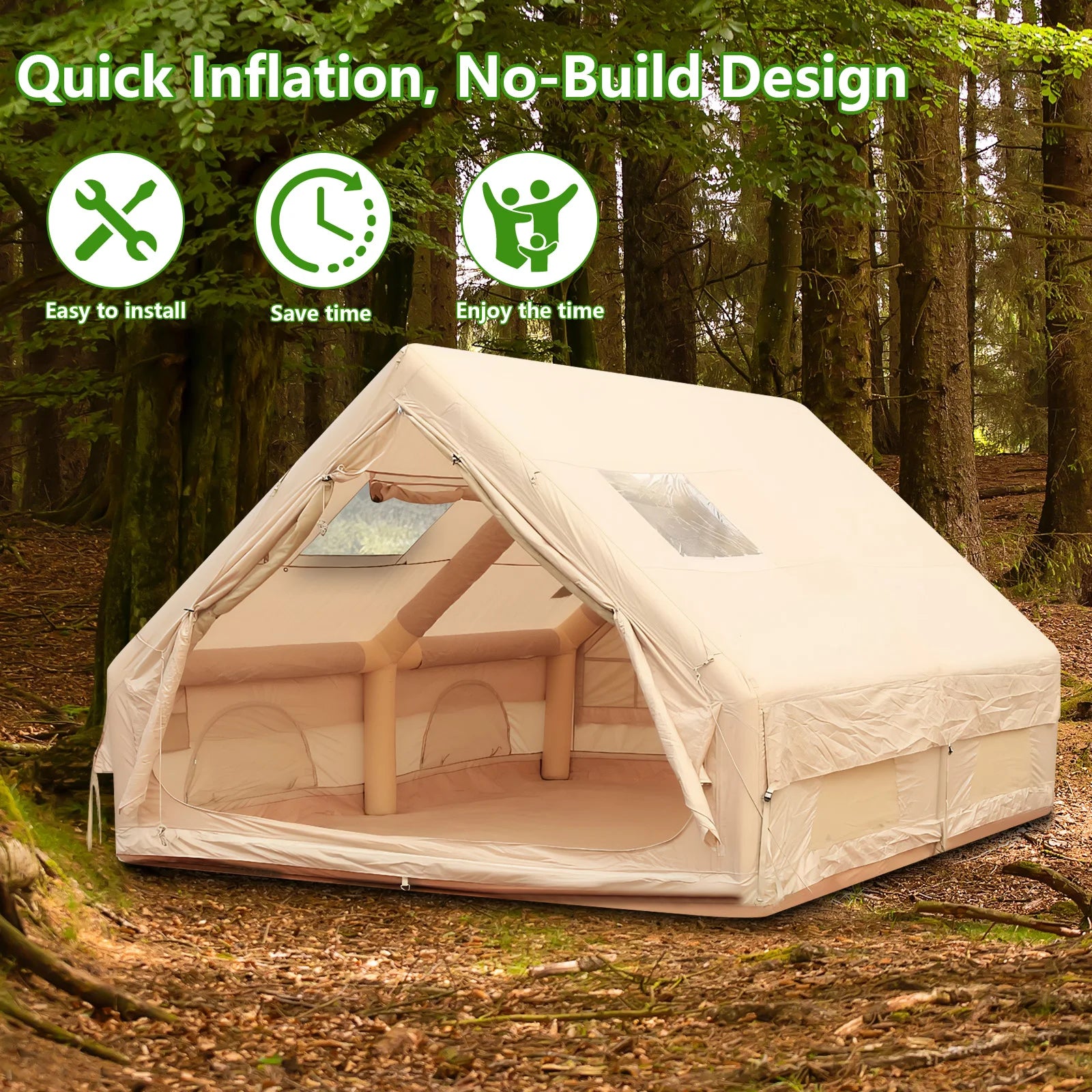12m² Inflatable House with Skylight Air Glamping Tents Easy Setup Inflatable Camping Tent with Pump Camping with Mesh Windows