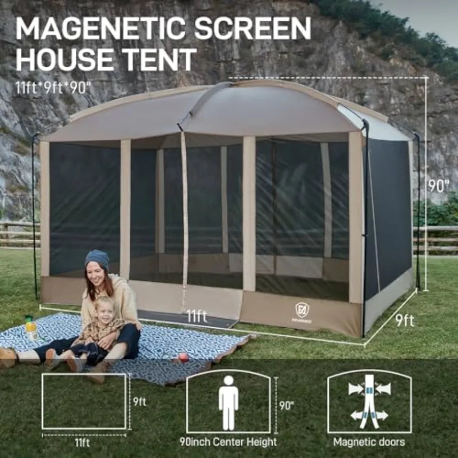 Magnetic Screen House Room 11x9ft for camping picnic, polyester mesh with silver coating, gray, hands-free entry and UV protect