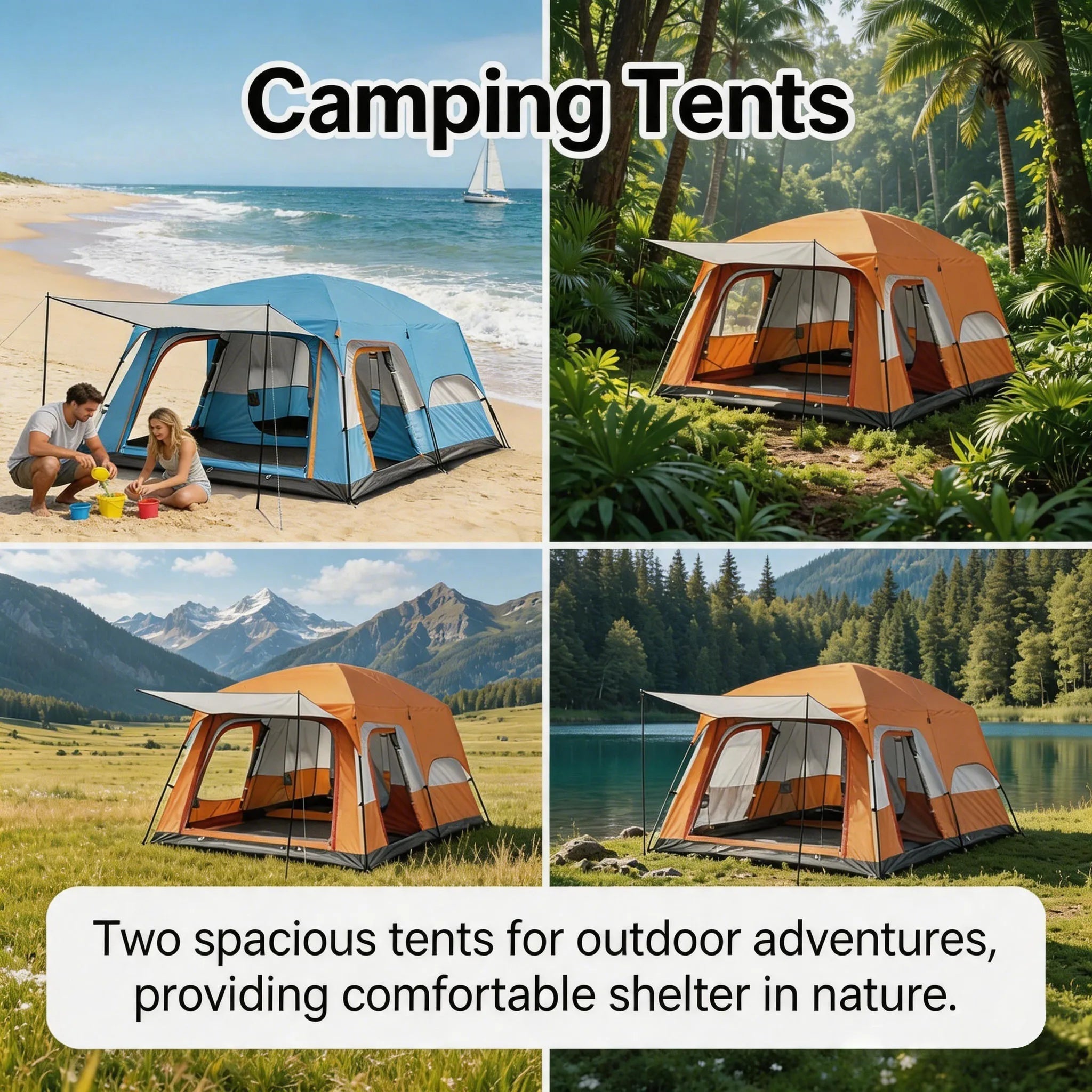 4/8/12-person outdoor family camping tent with a removable awning; spacious interior accommodates multiple people; multiple mesh windows provide ventilation and keep out mosquitoes; windproof, waterproof, and UV-resistant; su