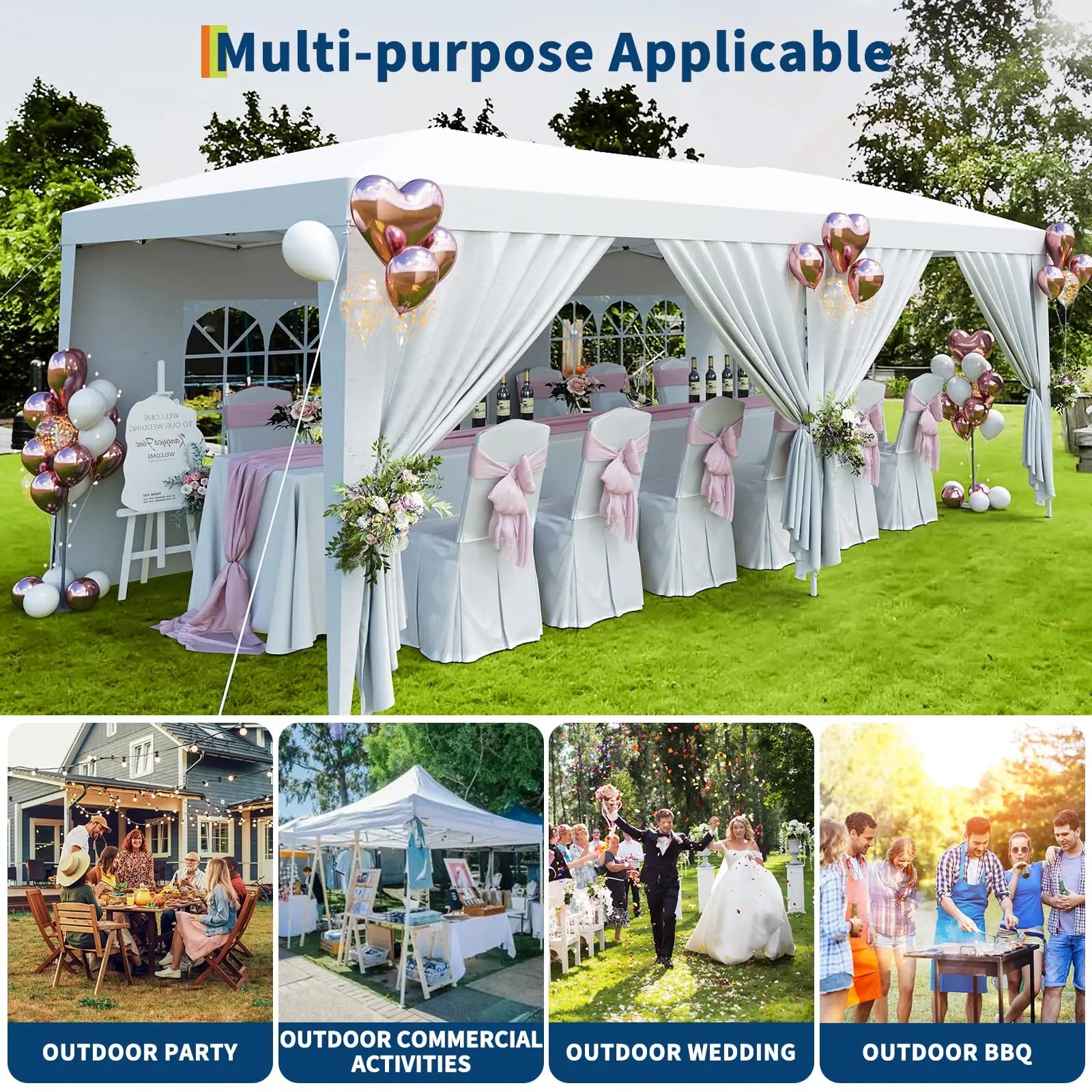 Tente pop-up 10x20 pieds, abri imperméable robuste avec 6 parois latérales amovibles, gazebo portable blanc pour fêtes, mariages, camping, jardin