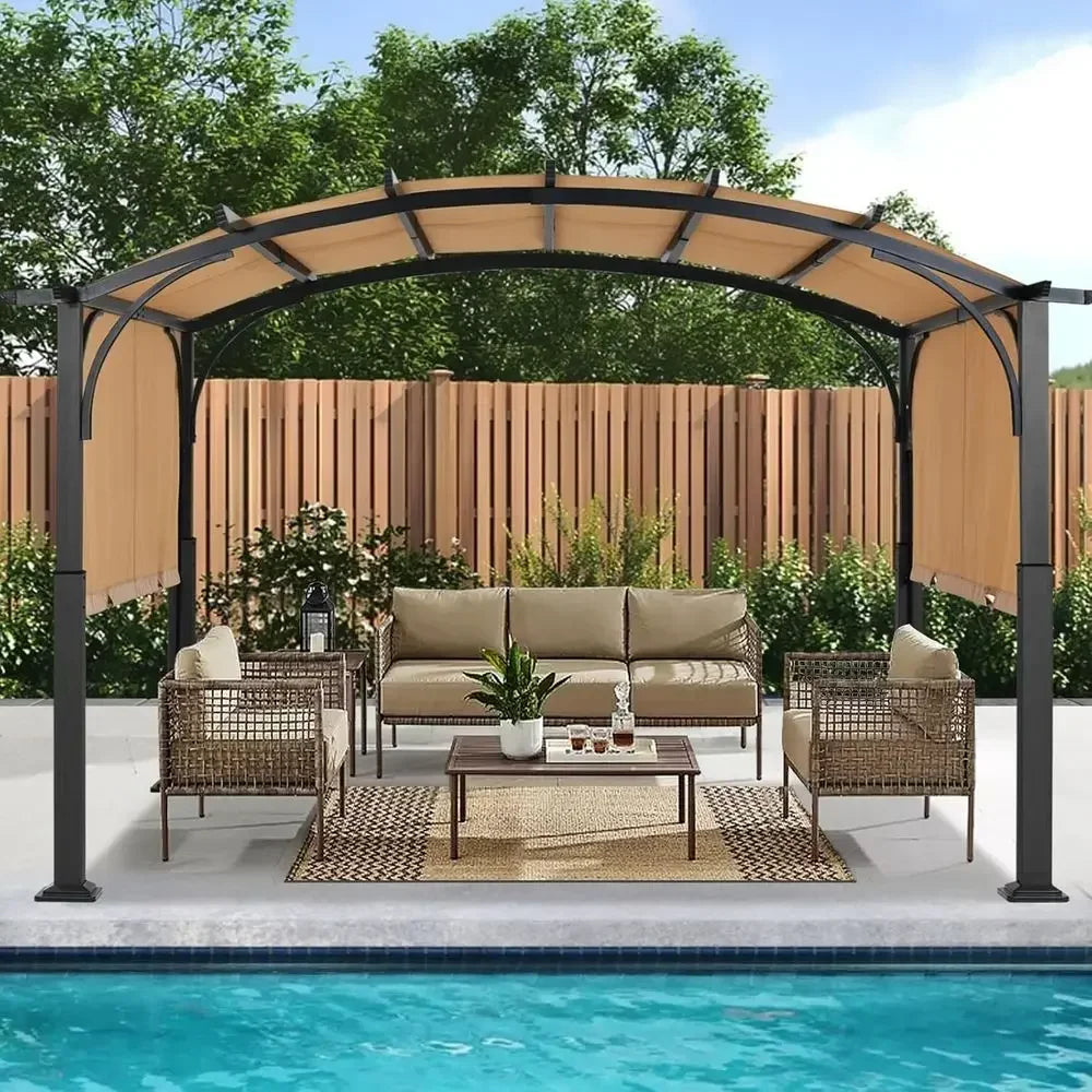 10x12ft Arched Outdoor Pergola with Beige Retractable Canopy