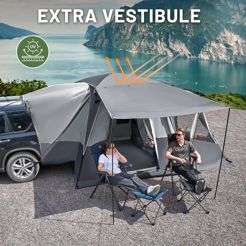59 Person SUV Tent with Screen Porch and Awning for Family Camping, Weather Resistant and Portable Van or Car Tent, Includes Ra