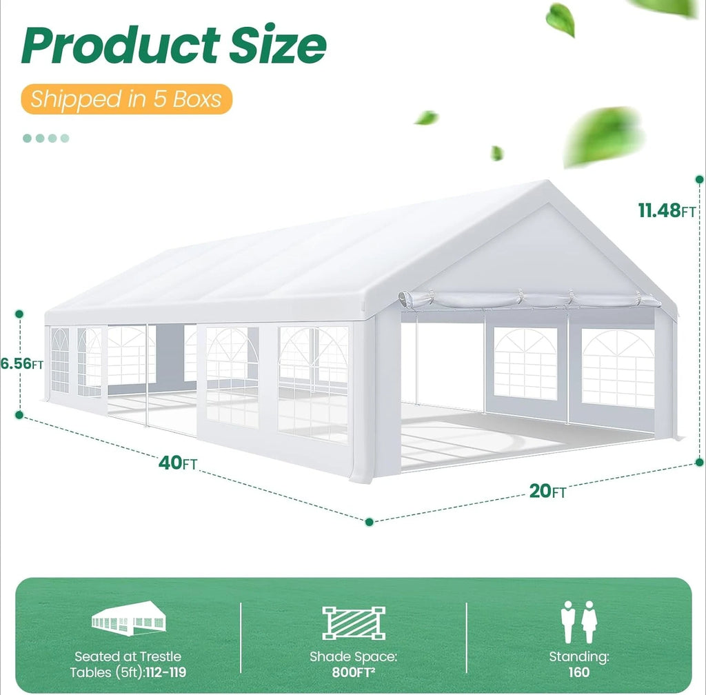 20x40 Party Tent Heavy Duty, Party Tents with 8 Removable Sidewalls & 4 Built-in Sandbags, White