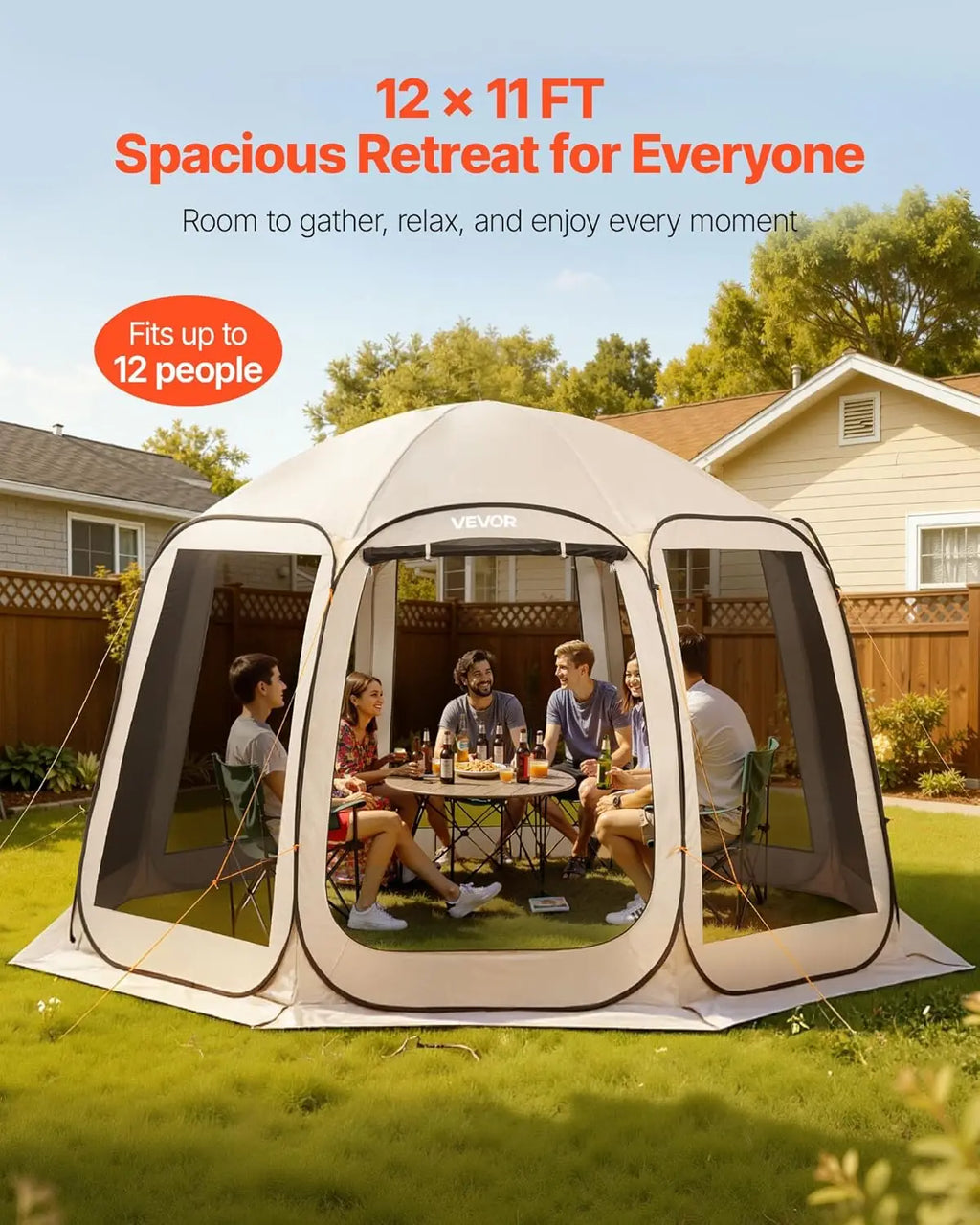Pop-up Screen House Tent, 12 x 11 ft (approx. 3.7 x 3.4 m), screen gazebo for 10–12 people with extended awning, portable screened enclosure with carry bag and mesh walls, ideal for patios, backyards and outdoor activities