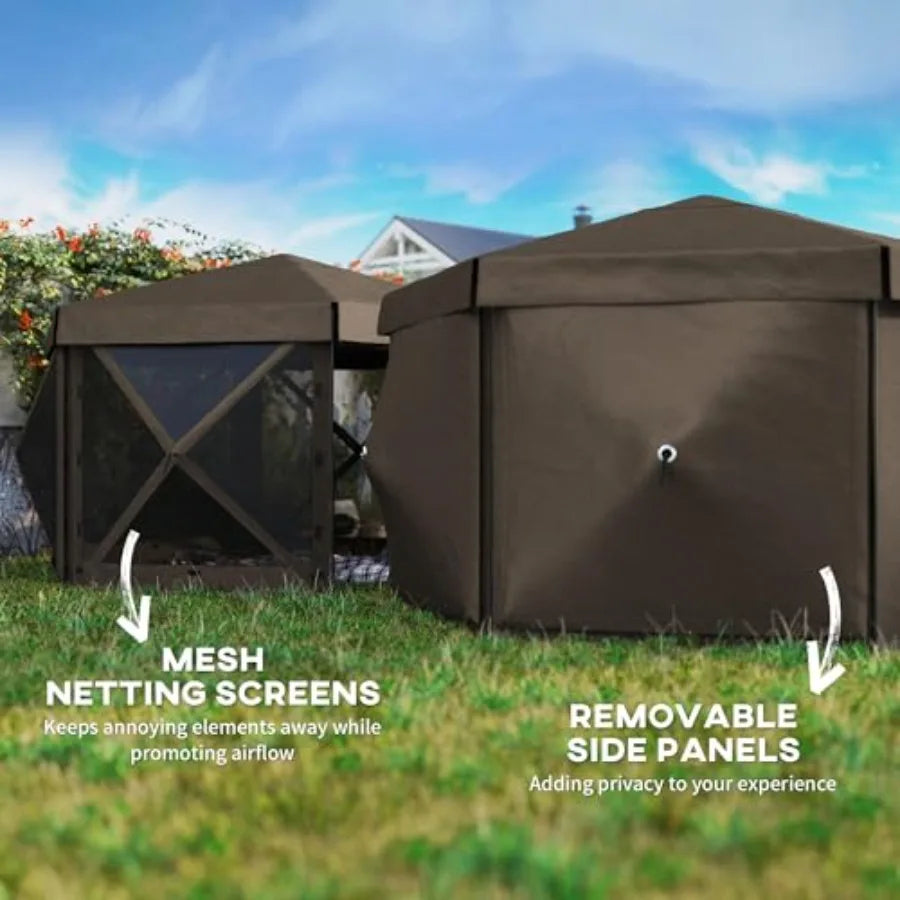 12' x 12' Hexagonal Pop Up Gazebo  Tent with 5 Sidewalls Waterproof Portable Outdoor  Shelter in Beige with Curtains Carry Bag