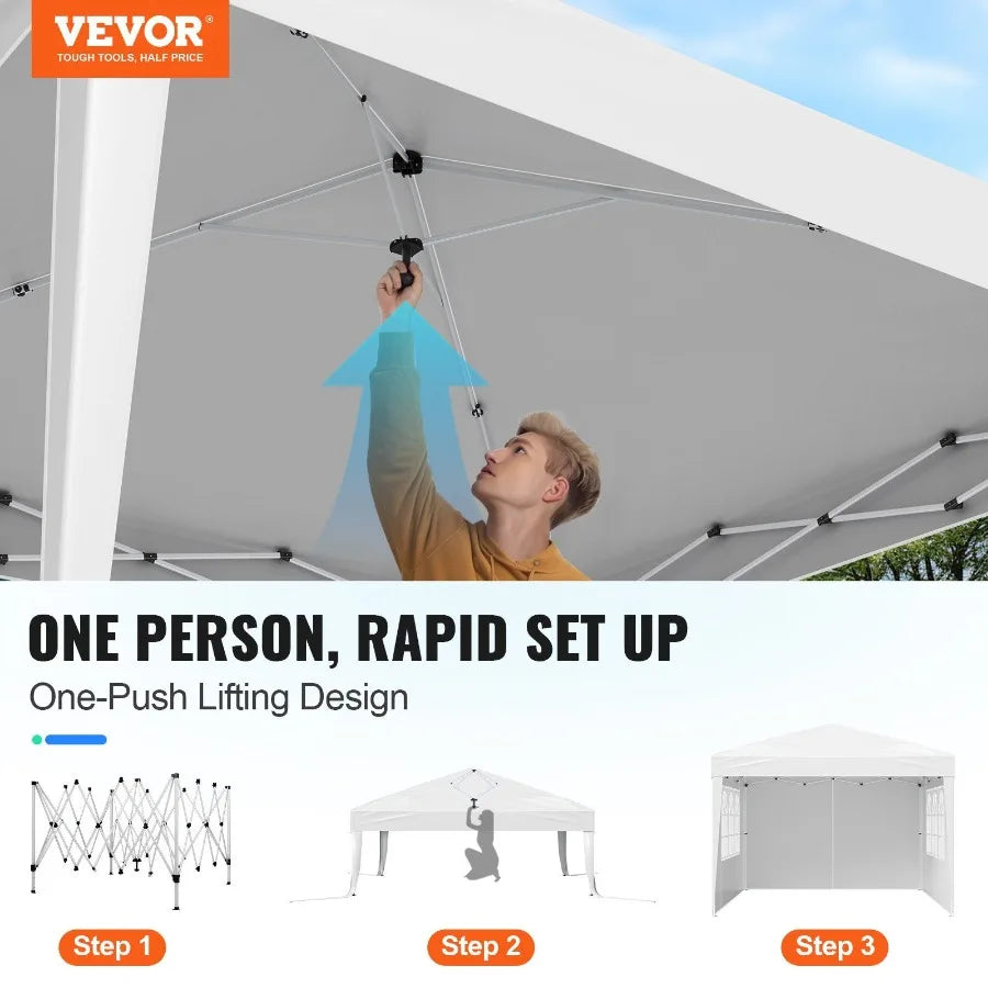 10x10 FT Pop Up Canopy Portable Gazebo with 3 Sidewalls and 2 Ventilated Windows Height Adjustable Outdoor Shelter Tent in Whit