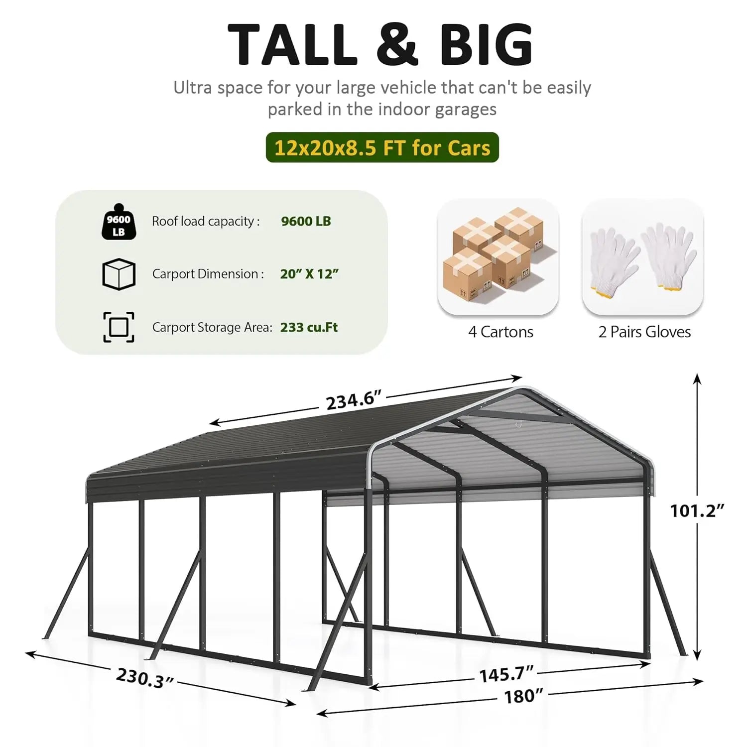 12x20 FT Heavy Duty Metal Carport Galvanized All-Weather Car Shelter Outdoor Garage for Car Boat Tractor Custom