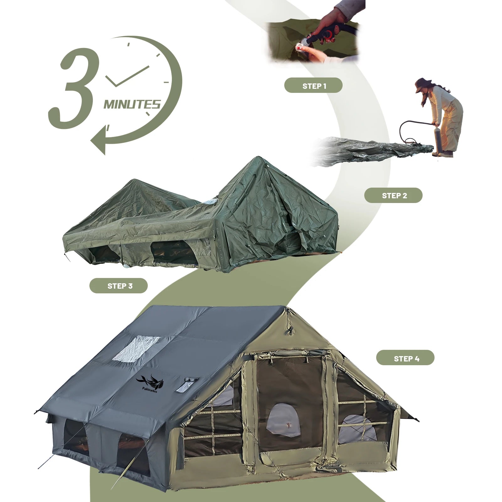 PAKICETUS Inflatable camping tent 4-8 people with windows portable water-resistant camping tent  Four season tents