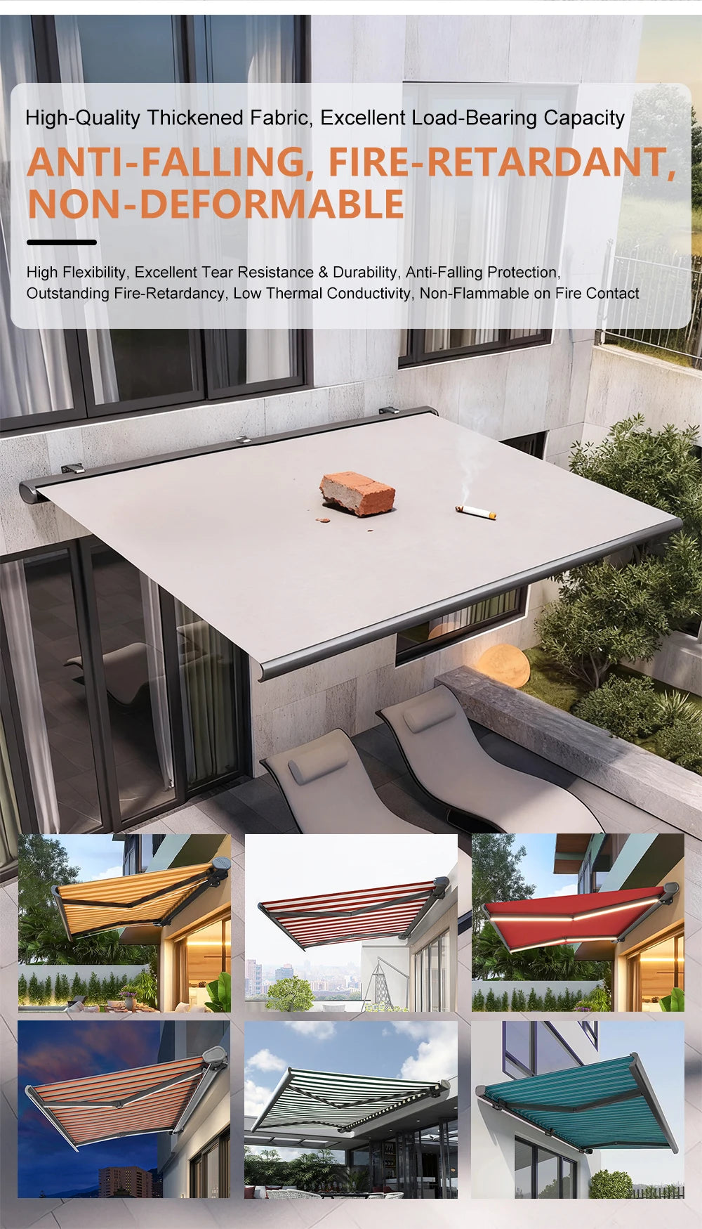 Motorized Electric Retractable Full Cassette Aluminum Awnings Rain Canopy Outdoor Patio Folding Arm Awning 7m Projection Retract
