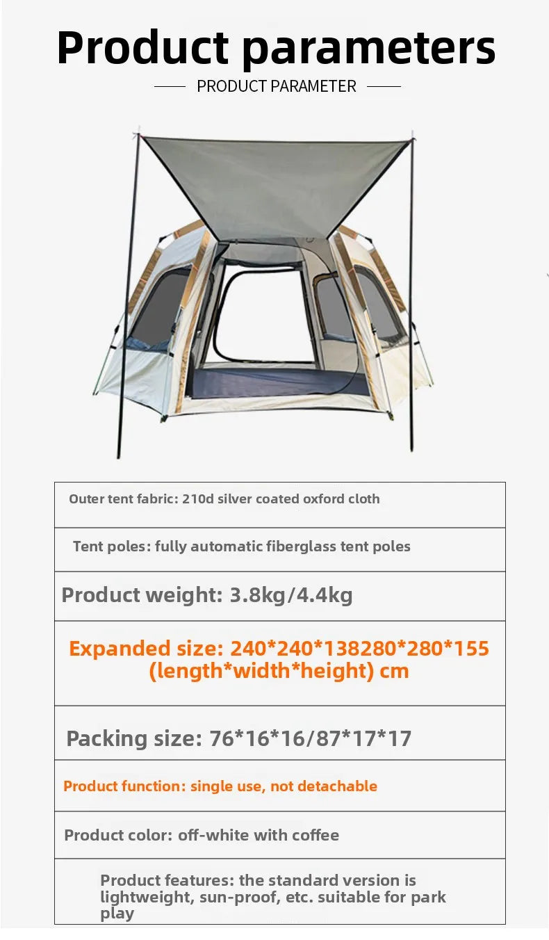 Portable Hexagon Pop Up Tent Outdoor 1 Room 1 Living Space Easy Setup Ventilated Park Camping Canopy Sunshade Party Tent